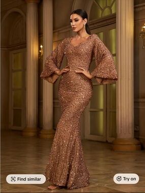 Sequin Bell-Sleeve Evening Gown in Rose Gold